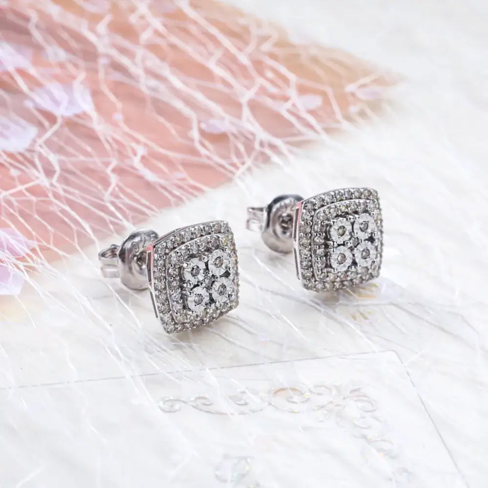 925 Sterling Silver Square Studs Diamond Earrings - Diamond