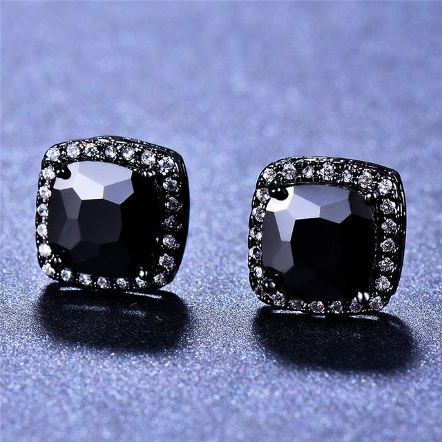 Black Square Stone Silver Earrings - Silver Black